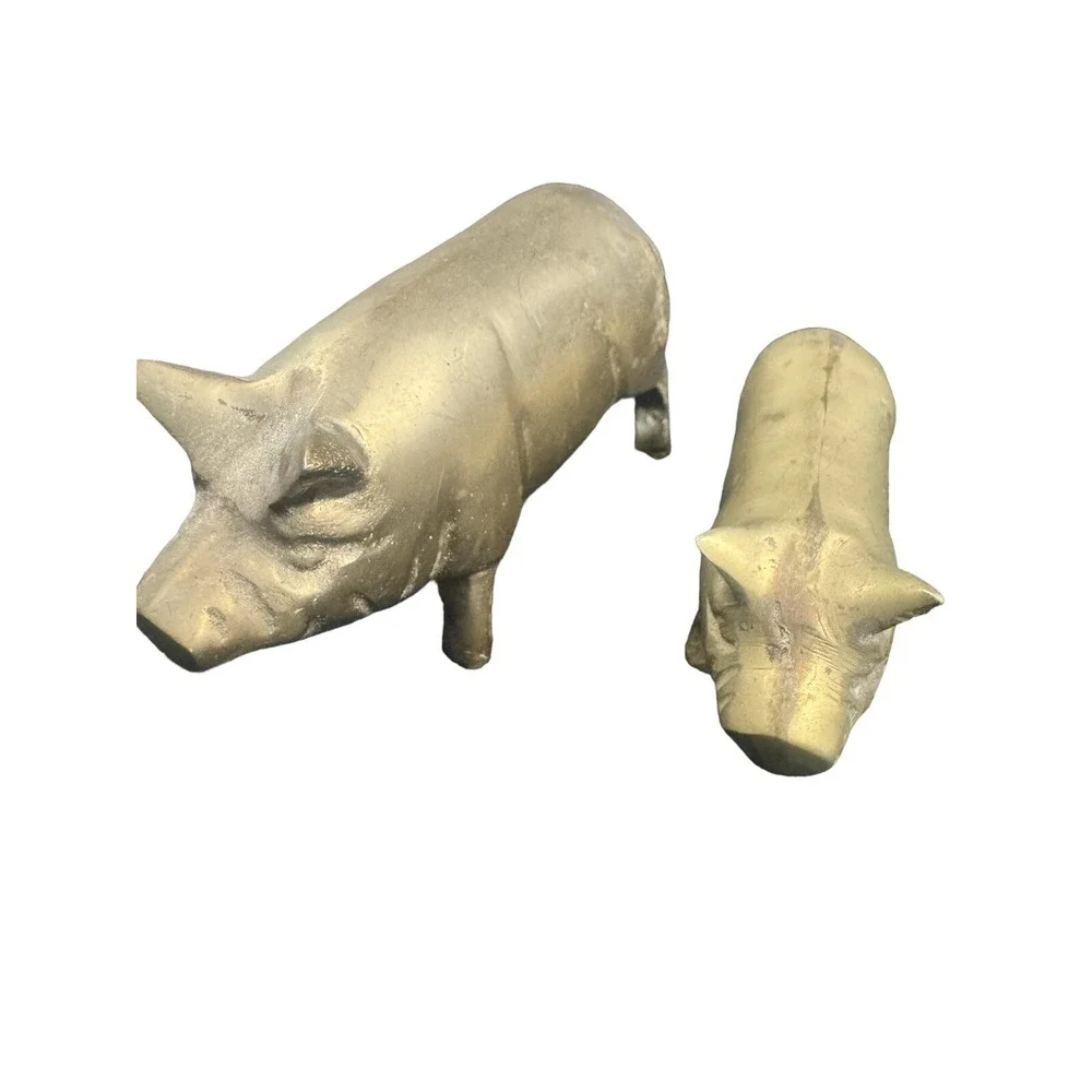 Old Vintage Solid Brass Set Pigs Figurine Metal Piggy Hog Farm Animal 4.25